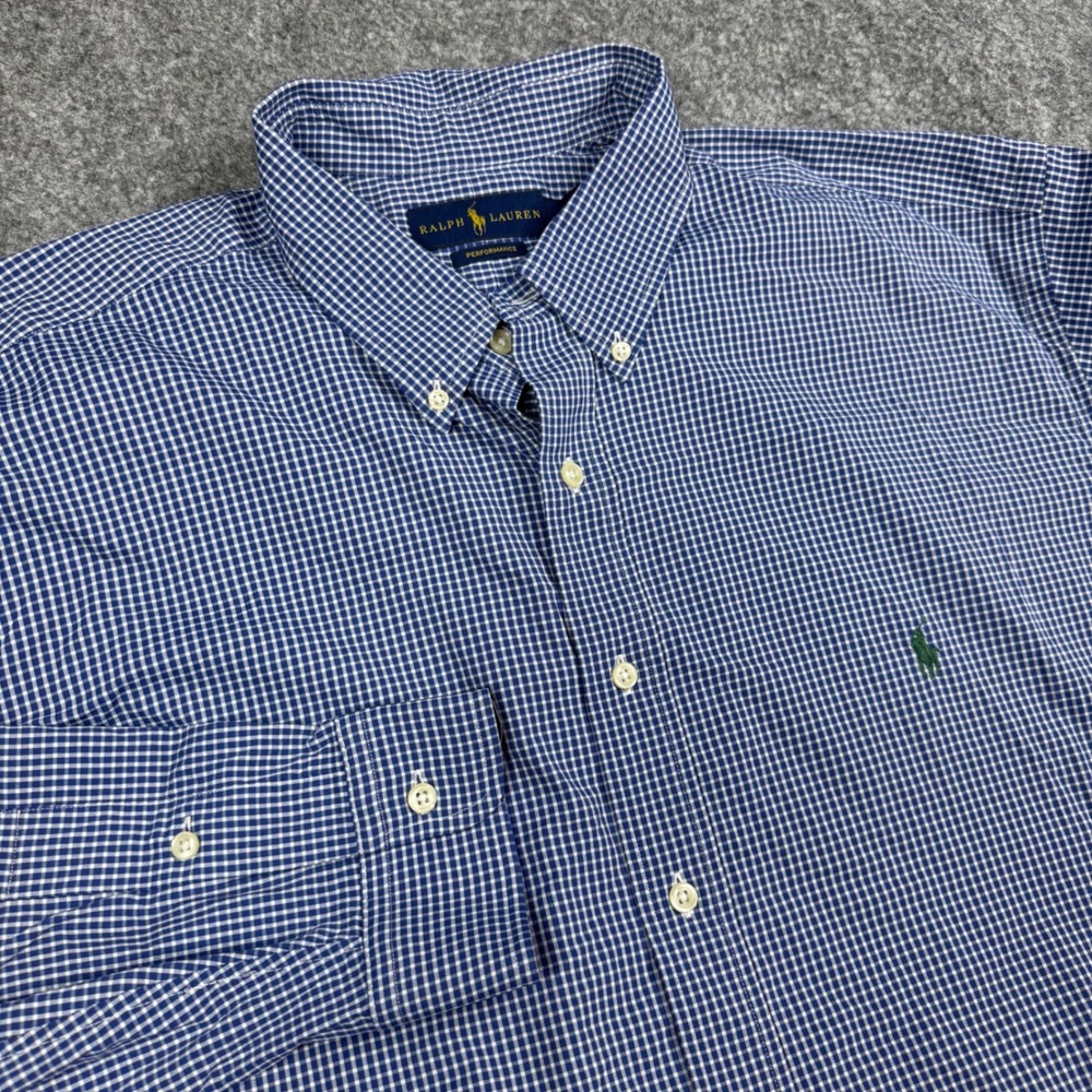 Polo Ralph Lauren Performance Shirt Men 2XB Blue Gingham Long Sleeve Button Down